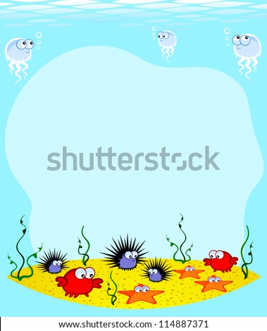 Vector frame background. Underwater World. Cartoon cute marine animals on the sandy bottom.