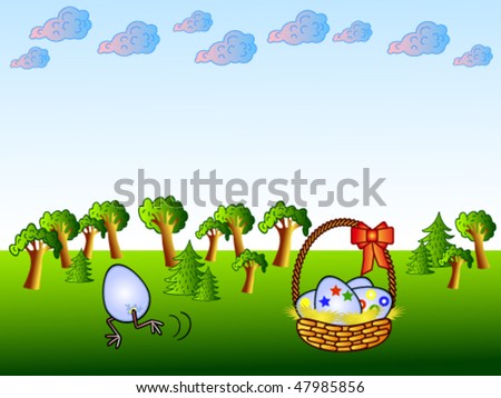 cartoon easter eggs in a basket. Funny egg and asket.