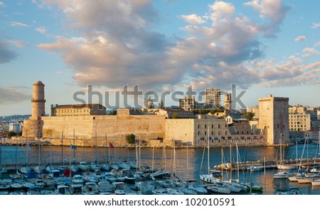 The 17 century fort Saint-Jean in Marseille at sunset, France