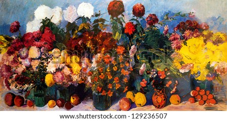 Oil painting of flowers and fruits on canvas