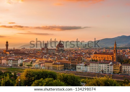 Golden sunset over Palazzo Vecchio, Cathedral of Santa Maria del Fiore (Duomo) and basilica of Santa Maria Novella, Florence, Italy