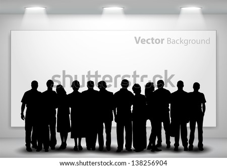 People silhouettes looking on the empty gallery wall with lights for images and advertisement. Ideal concept for promoting product or service.  Fully editable eps10