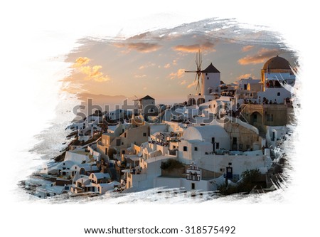 Painting of the windmills of Oia village, Santorini island, Greece