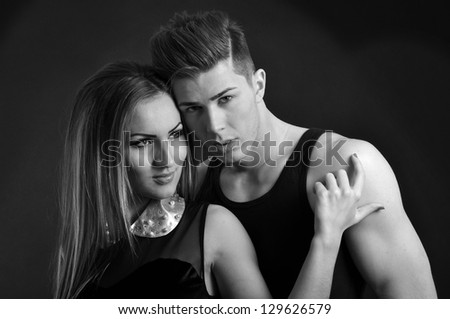 Portrait in black and white of a young couple in love