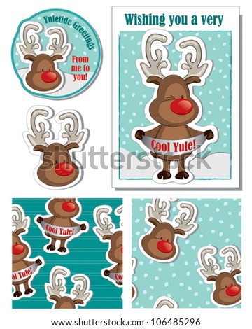 Cute Christmas Reindeer Vector Greeting Card and Elements.  Use this unique design to bring a smile to someone dear.
