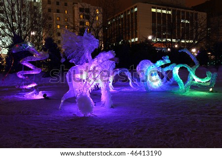 OTTAWA, ON - FEB 7: Sculptures made out of recyclable waste are lit up at night for Winterlude  February 7, 2010 in Ottawa, ON.