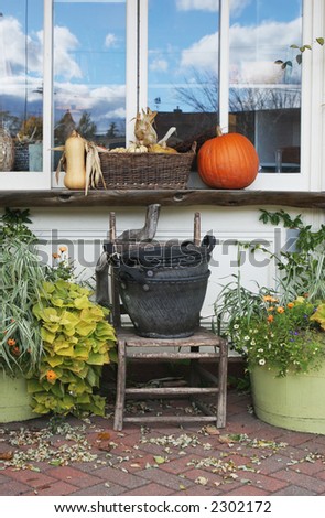 Pumpkins and gourds sitting on a window ledge in a pretty garden