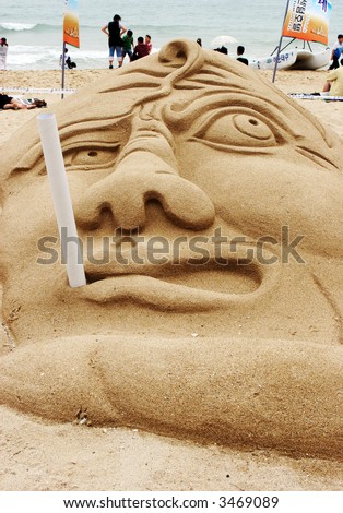Close-up of an anti-smoking sand sculpture at the Haeundae Sand Festival in Pusan, South Korea.