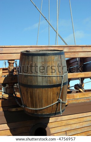 Close-up of a barrel used to store water on a ship.