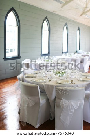 stock photo Table in an old church decorated at a wedding reception