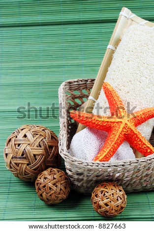 Spa and beauty products in a basket.