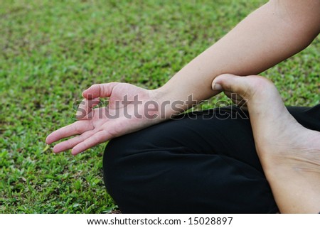 Close-up of a woman practicing yoga in the park.