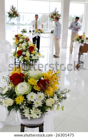 stock photo White wedding chapel decorated with beautiful flowers groom 