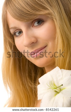 young woman with madonna lily on white background
