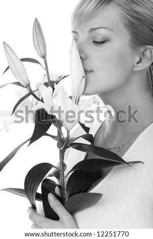 young woman with madonna lily, black and white