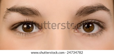 female wide open eyes with long eyelashes macro