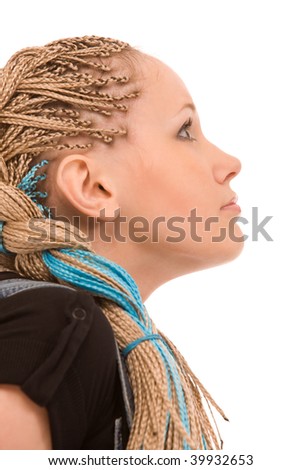 stock photo portrait of a young blond woman with dreadlocks on white 