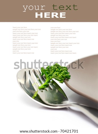 Parsley with fork and spoon isolated on a white background (with sample text)