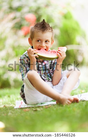 Cute five year old boy eating watermelon sitting on the grass.