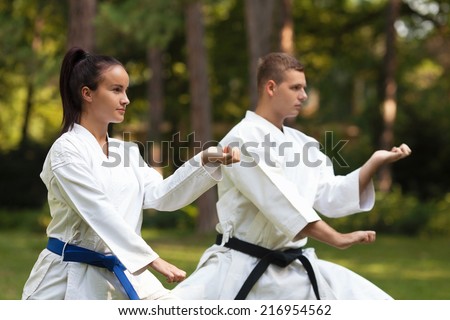 Young couple doing Martial Arts exercise outdoors