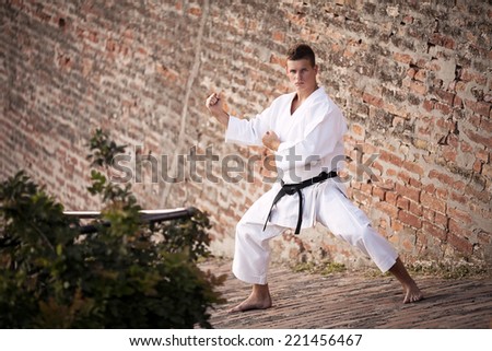 Young man practicing martial arts in front of a brick wall