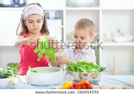 Cute little brother and sister preparing healthy vegan meal