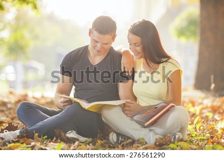 Young couple studying together outdoors