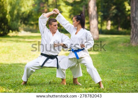 Two martial arts fighters practicing in nature