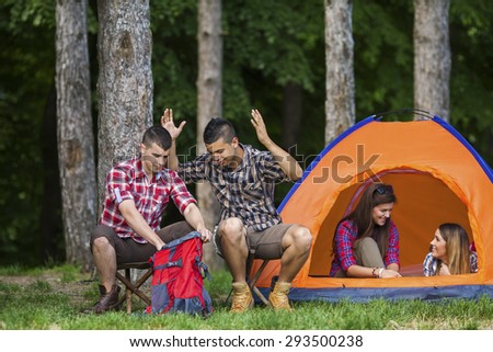 Young man angry at his friend because he forgot the most important thing for camping