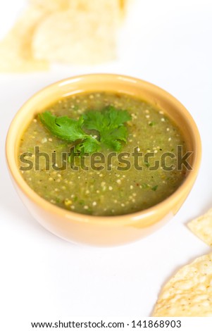 Fresh Homemade Salsa Verde with tortilla chips