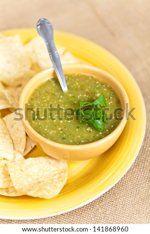 Fresh Homemade Salsa Verde with tortilla chips