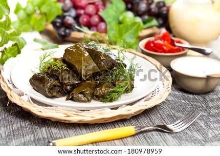 Stuffed Grape Leaves. Dolma. Azerbaijan, Turkish and Greek Cuisine