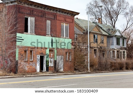 Abandoned houses in Detroit, Michigan. This is a deserted building in a bad part of town.