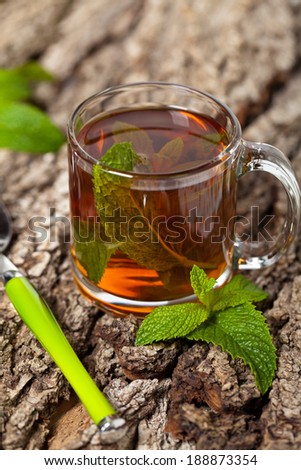 Black Tea with Mint Leaf and Candy Brown Sugar on a Sticks. Selective focus.
