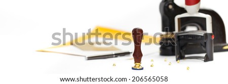 Notary public embosser, stamp, stapler. Panoramic image. Selective focus.