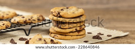 Delicious Fresh Chocolate Chip Cookies. Selective focus. Panoramic image.