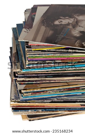 DETROIT, MI - September 01. 2014. Pile of various old dusty album sleeves. Vinyl LP Records.