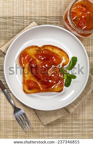 French Toast with Nectarine or Peach jam. Selective focus.