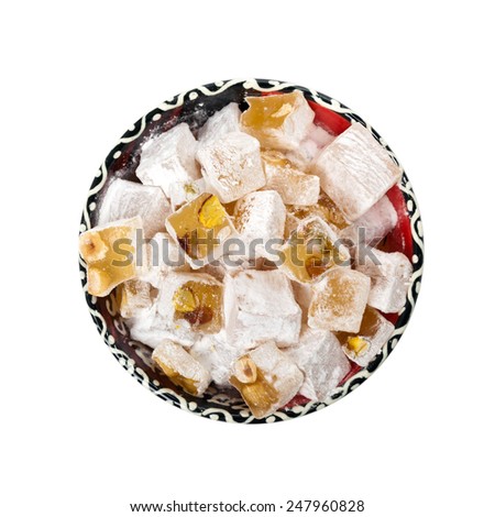 Turkish Delight isolated on white background. Selective focus.