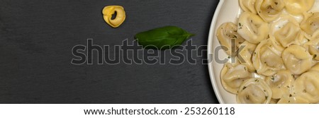 Italian Tortellini Pasta with Alfredo Sauce and Basil. Panoramic image. Selective focus.