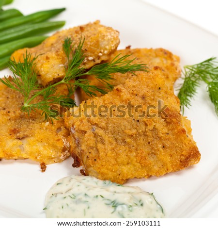 Breaded White Fish Fillets. Selective focus.