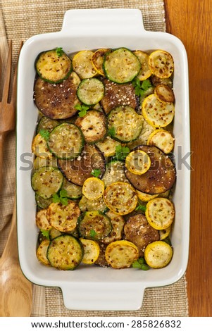 Sauteed Vegetables Eggplant, Squash, and Zucchini with Parmesan Cheese. Selective focus.