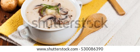 Mushroom Soup. Panoramic image. Selective focus.