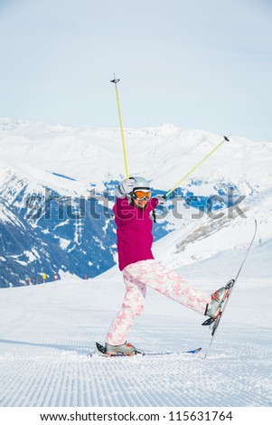 Happy little girl skiing downhill, Zellertal, Austria