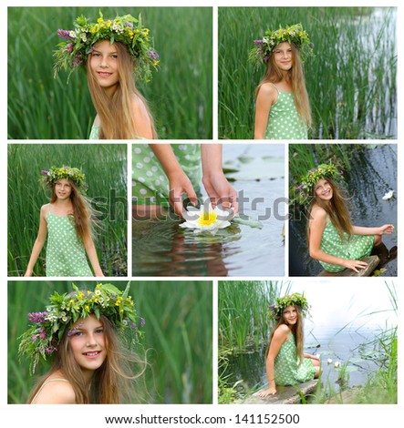 Collage of images beautiful girl with wreath of flowers