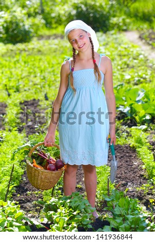 Vegetable garden - little gardener with a basket of organic carrots and beets