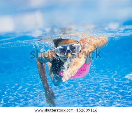Close-up portrait of the cute girl swimming underwater