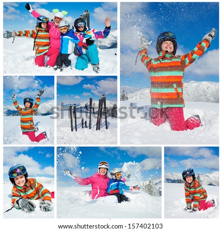 Skiing, winter, snow, sun and fun. Collage of images of family enjoying winter vacations