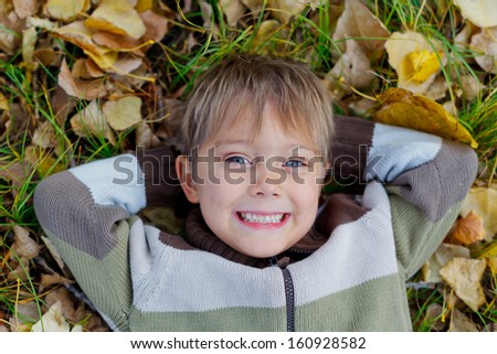 Portrait of happy boy lying on autumnal ground covered with dry leaves