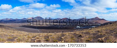 Lanzarote La Geria vineyard on black volcanic soil in Canary Islands. Panorama